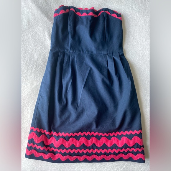 Vineyard Vines Ric Rac Strapless Dress Navy Pink Trim Party Cotton Blend sz 2 - Picture 9 of 13